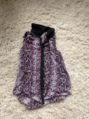 No Boundaries Purple Snake-Print Sleeveless Blouse with Black Trim blouse in pur